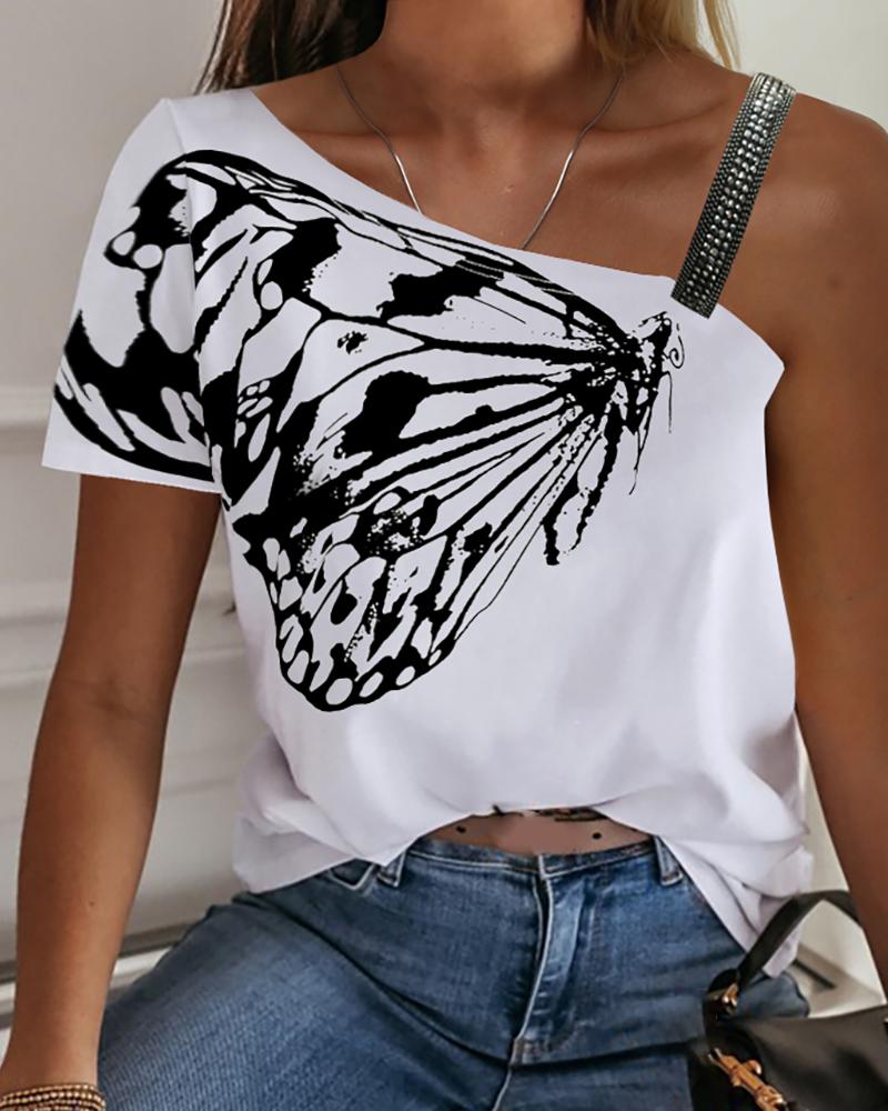 

One Shoulder Butterfly Print Casual T-shirt, White