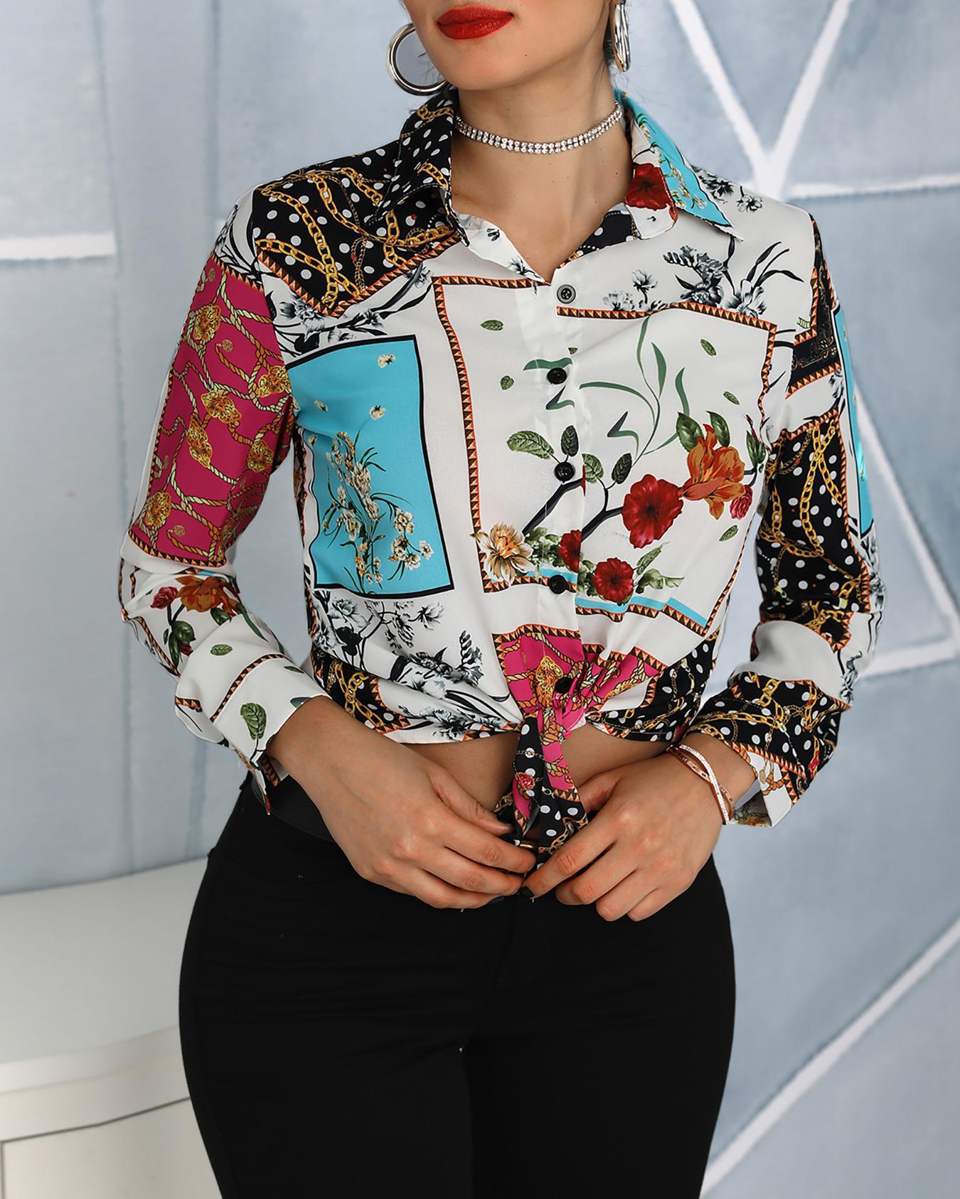 

Vintage Print Tied Front Shirt