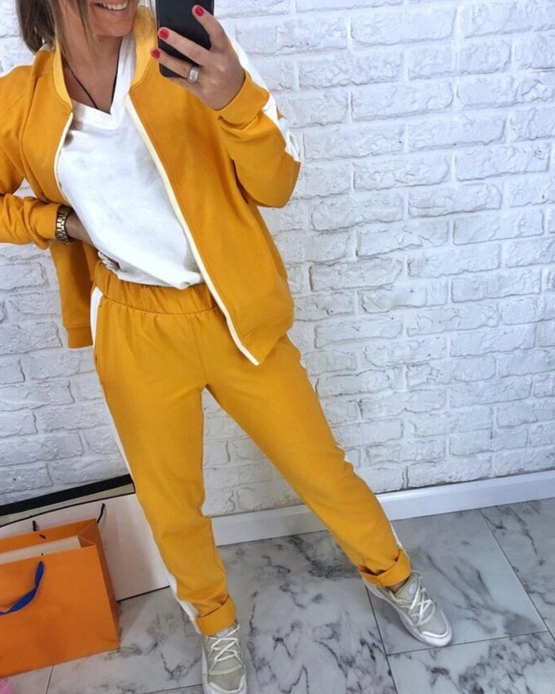 

Colorblock Tape Insert Zipper Design Jacket & Pants Sets, Yellow