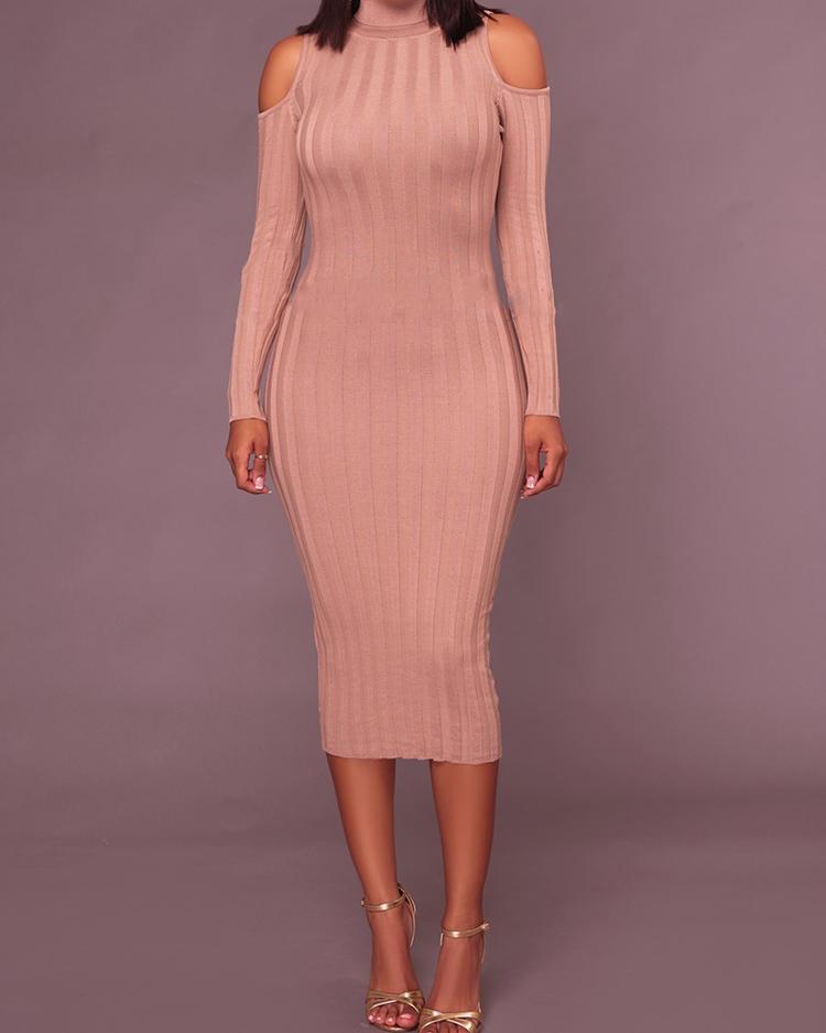 

Ribbed High Neck Open Shoulder Bodycon Dress, Nude