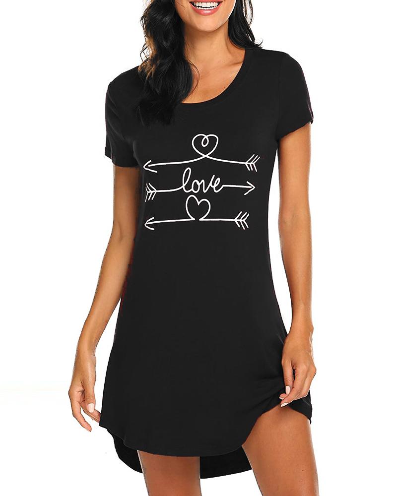 

Print Short Sleeve Round Neck Sleepshirt, Black