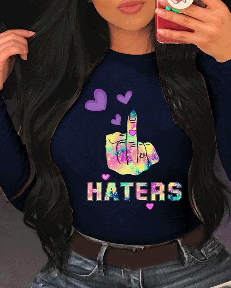 

Letter / Heart /Slogan Print Long Sleeve Casual T-shirt, Dark blue