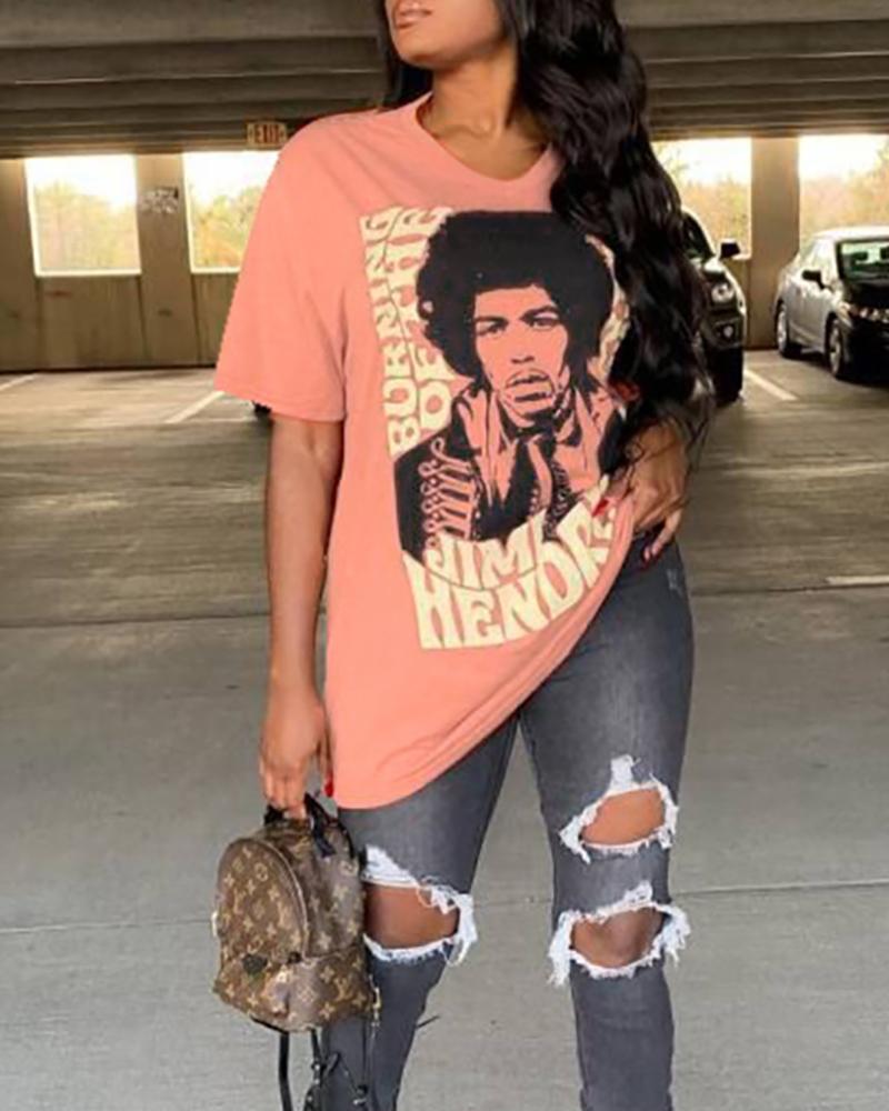 

Figure Print Short Sleeve Casual T-Shirt, Pink