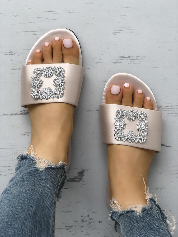 

Shiny Embellished Peep Toe Flat Sandals, Champagne