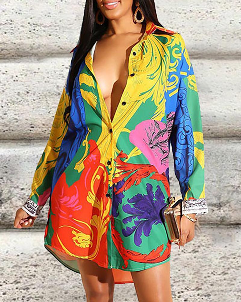 

Colorful Print Long Sleeve Shirt Dress, Yellow