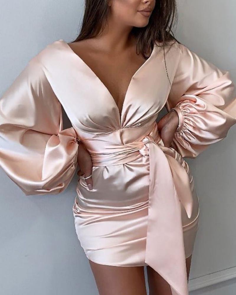 

V Neck Tie Waist Satin Dress, Pink