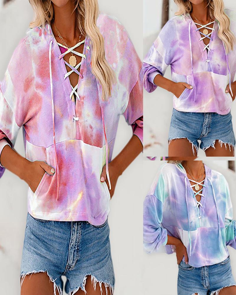 

Tie Dye Print Lace Up Long Sleeve Hoodie, Red