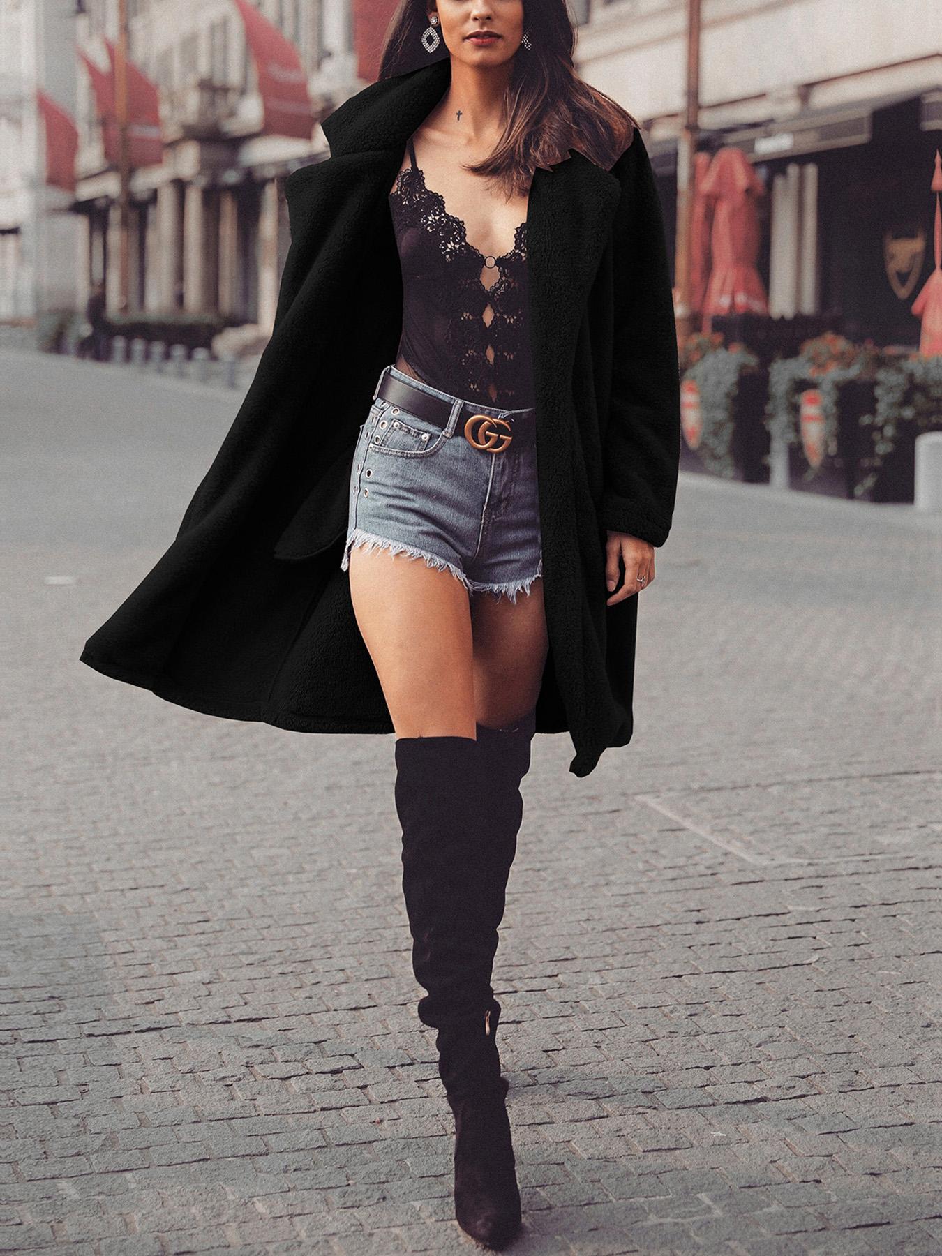 

Solid Fluffy Open Front Long Sleeve Coat