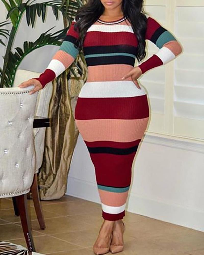 

Ribbed Colorblock Long Sleeve Casual Dress, Wine red