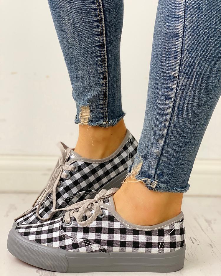 

Plaid Insert Lace-Up Casual Sneakers, Gray