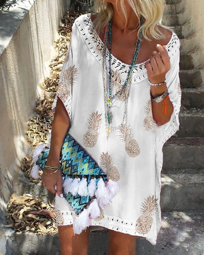 

Lace Trim Pineapple Print Hollow Out Dress, White