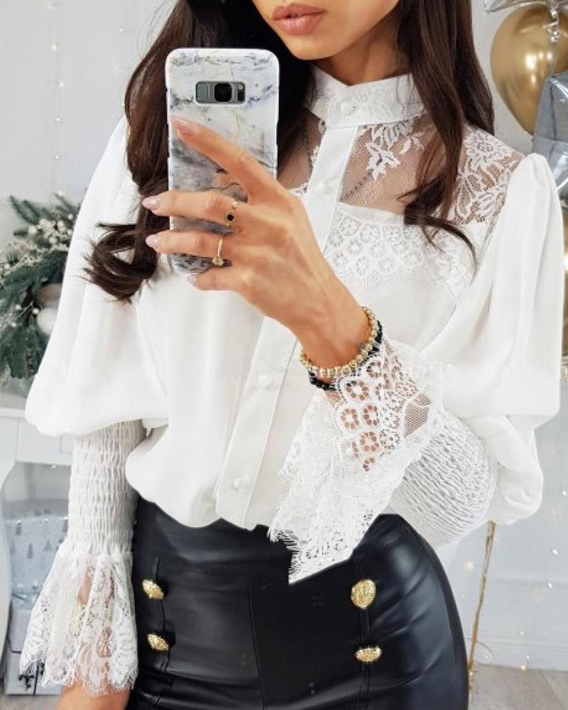 

Mesh Lace Insert Lantern Sleeve Blouse, White