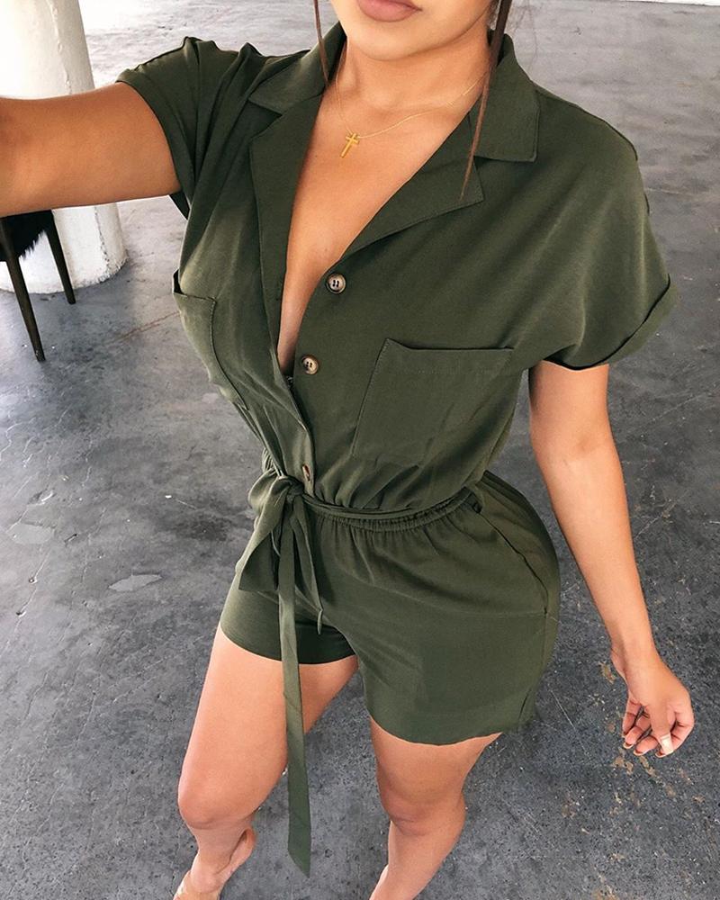 

Short Sleeve Pocket Cargo Romper, Army green