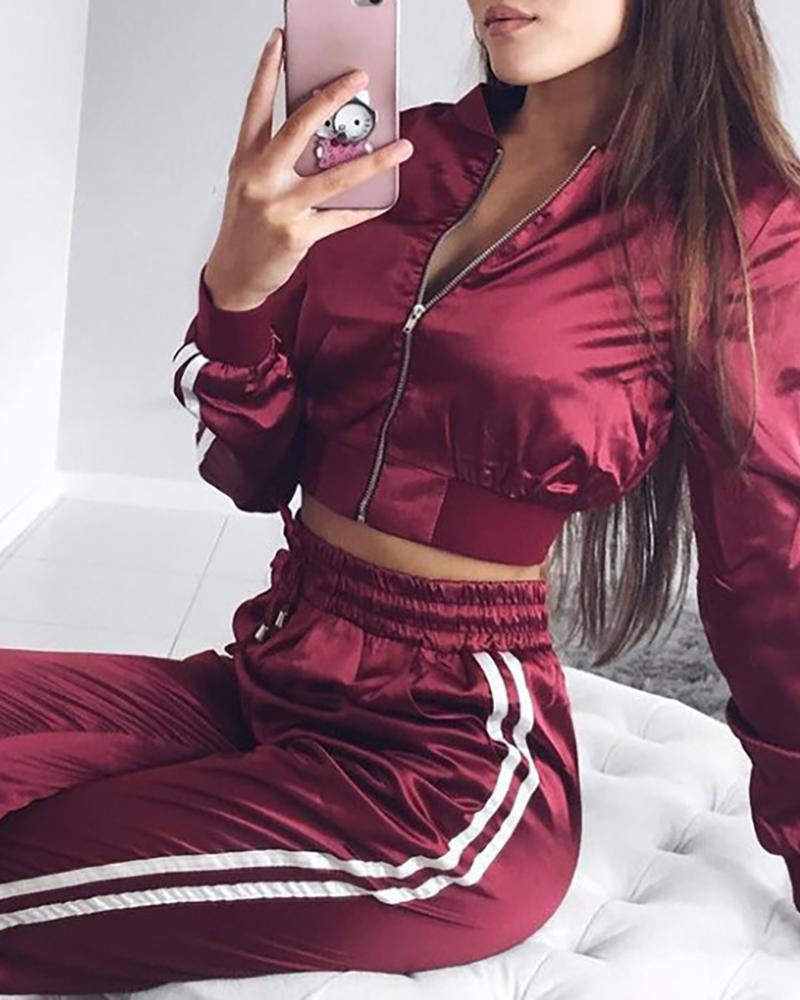 

Stand Collar Colorblock Striped Zipper Design Crop Jacket & Pants Sets, Wine red