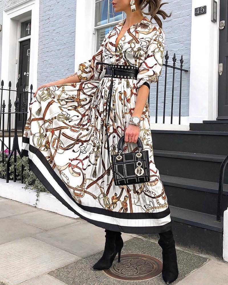 

Scarf Print Lantern Sleeve Pleated Dress