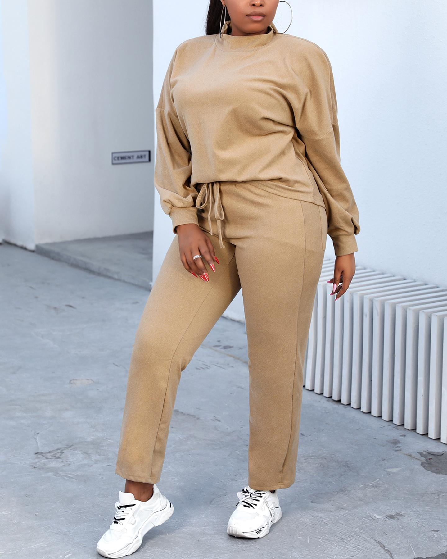 

Plain Long Sleeve Top & Drawstring Pants Set, Brown