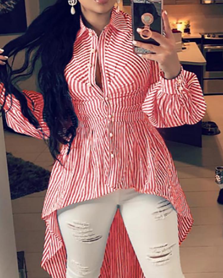 

Stripes Lantern Sleeve Dip Hem Blouse, Red