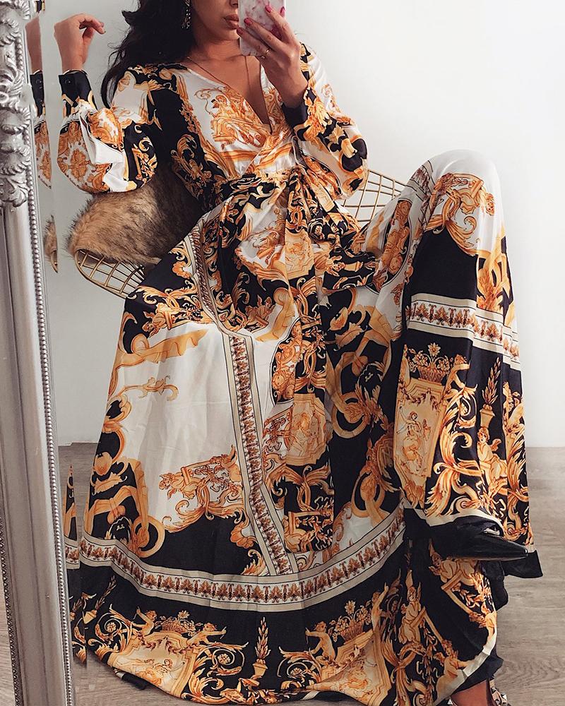 

Long Sleeve Plunge Vintage Print Maxi Dress, Multicolor