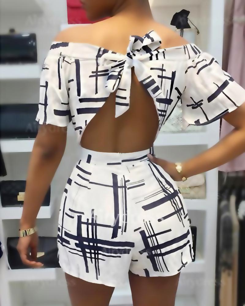 

Off Shoulder Geo Print Cutout Romper, White