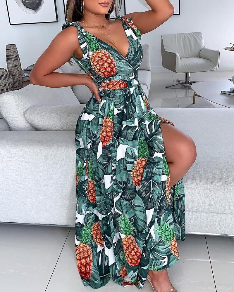 

Pineapple Print Thigh Slit Maxi Dress, Green