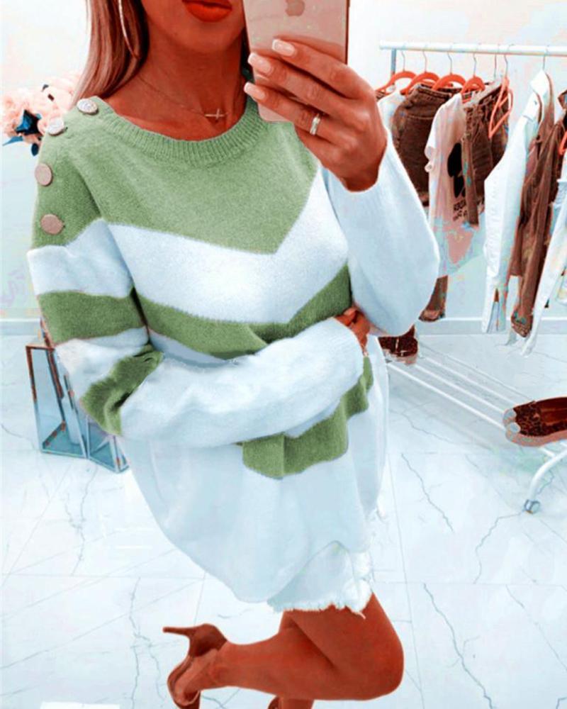 

Colorblock Striped Long Sleeve Sweater, Green