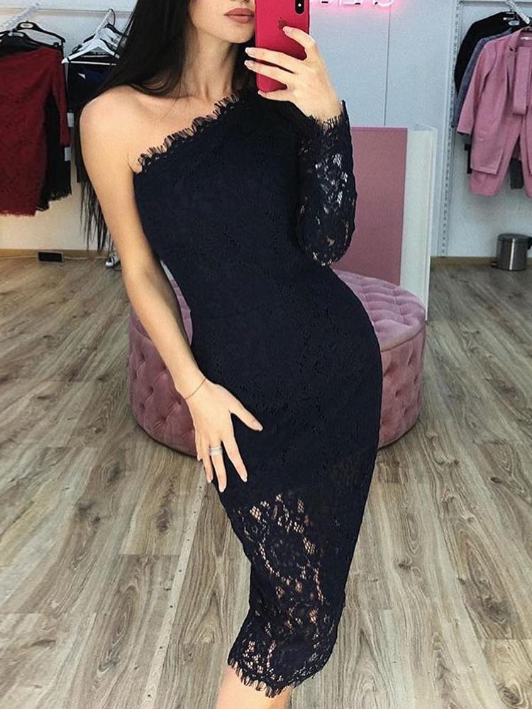 

One Shoulder Eyelash Lace Dress, Black
