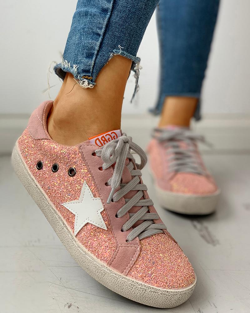 

Sequins Star Design Casual Lace-Up Sneakers, Pink