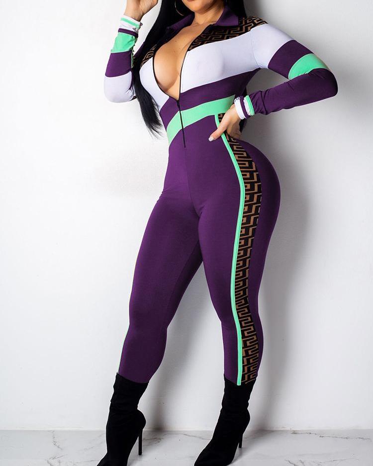 

Greek Fret Print Colorblock Insert Jumpsuit, Purple
