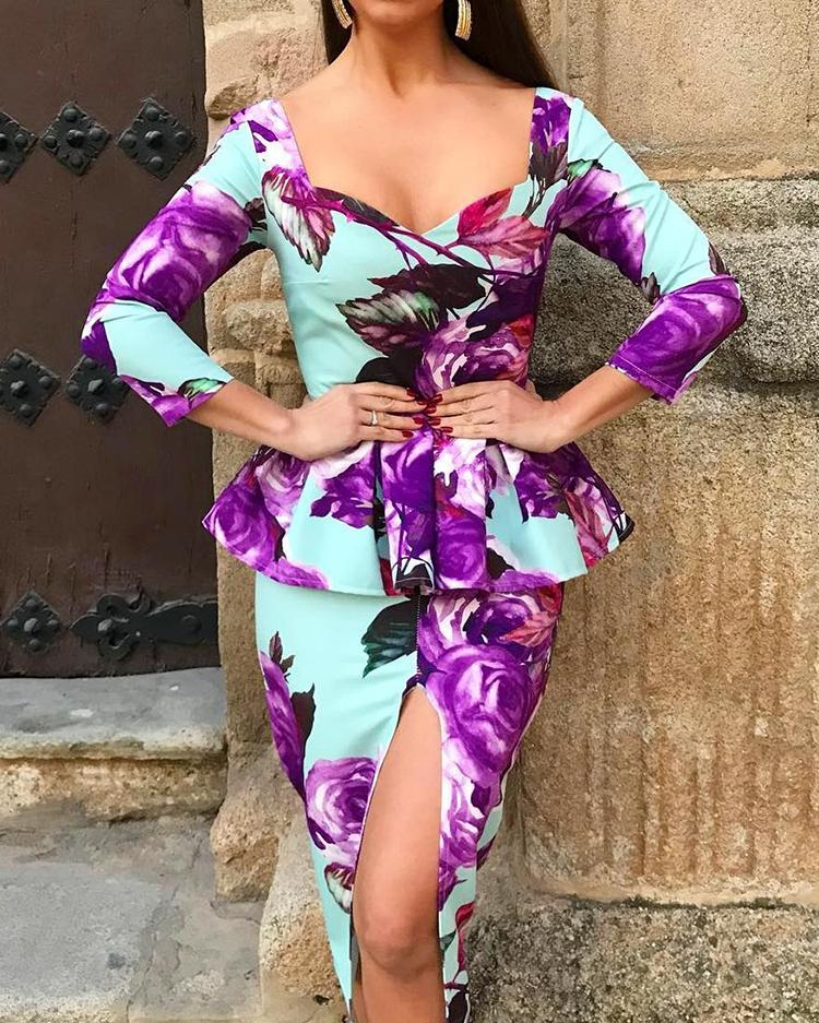 

Floral Print Peplum Slit Bodycon Dress, Light blue