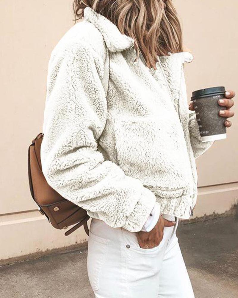 

Solid Turn-down Collar Pocket Fluffy Coat, White