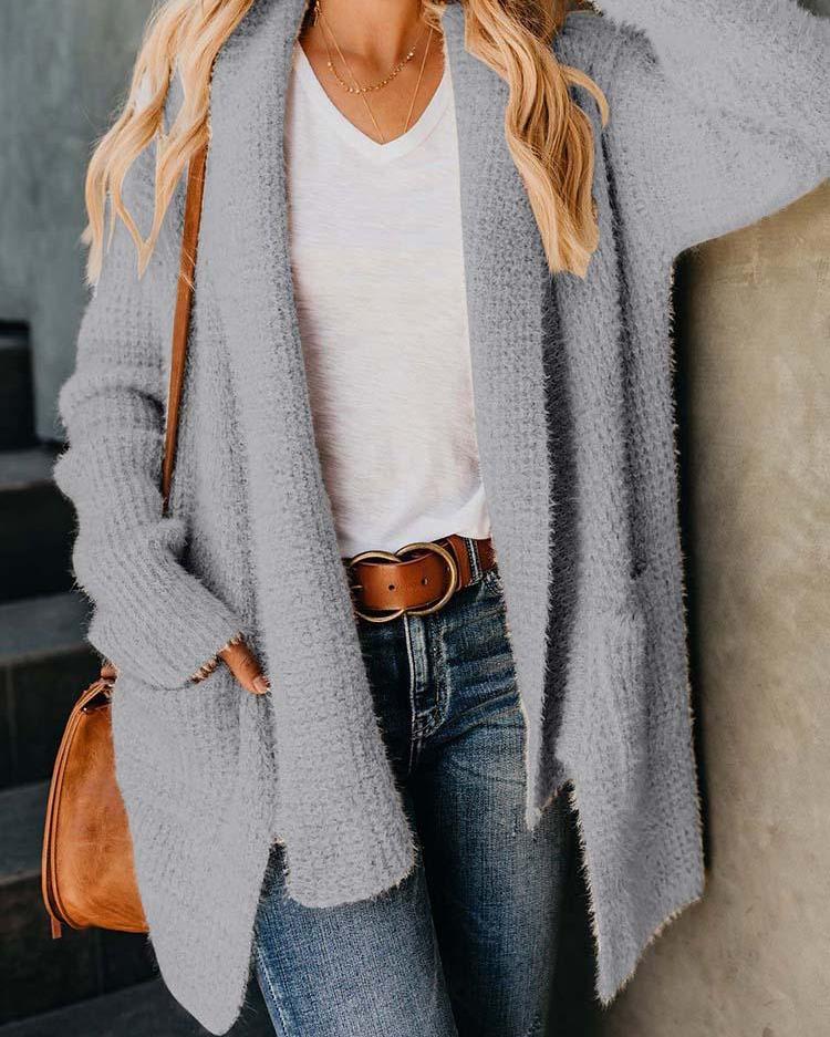 

Solid Fluffy Side Slit Pocket Design Irregular Cardigan, Gray
