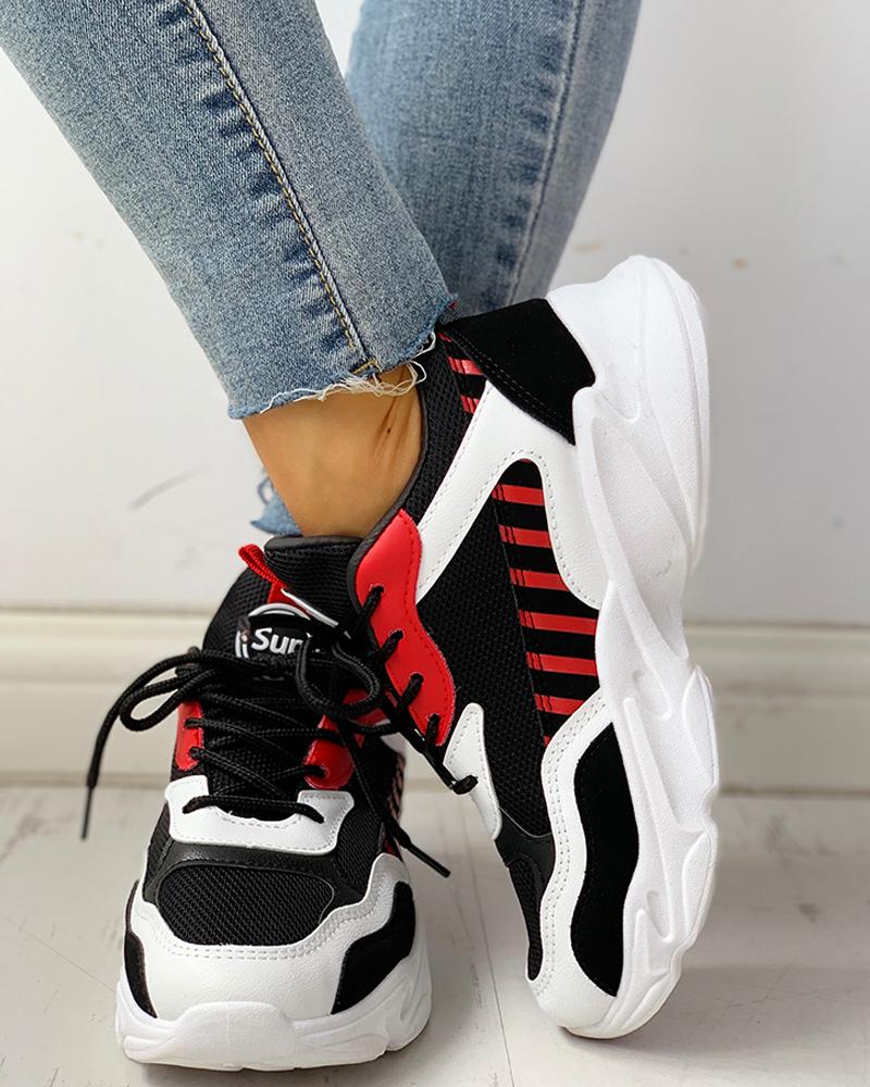 

Colorblock Lace-Up Casual Platform Sneakers, Red