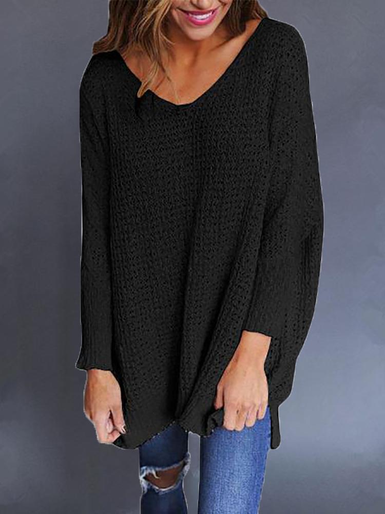 

Solid V-Neck Hollow Out Casual Sweater, Black