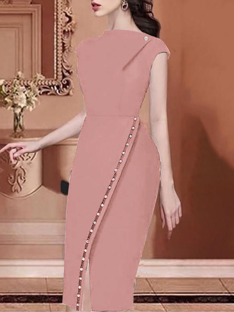 

Beading Embellished Slit Irregular Midi Dress, Pink