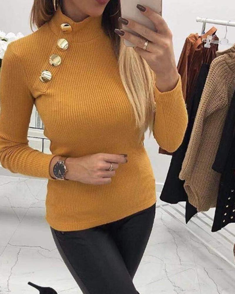 

Solid Decorative Button Knit Top, Yellow