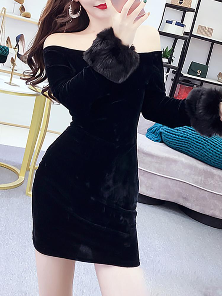 

Fluffy Embellished Off Shoulder Velvet Dress, Black