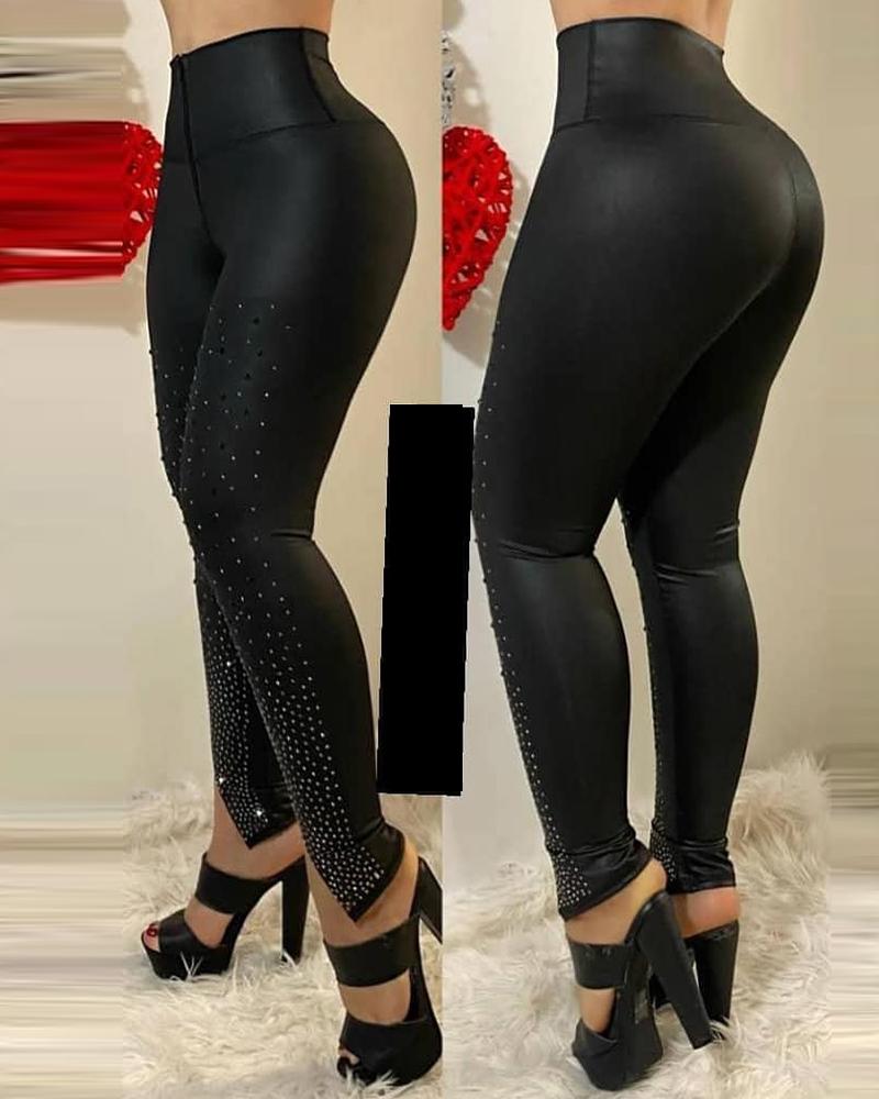 

High Waist Studded Slit Pants, Black