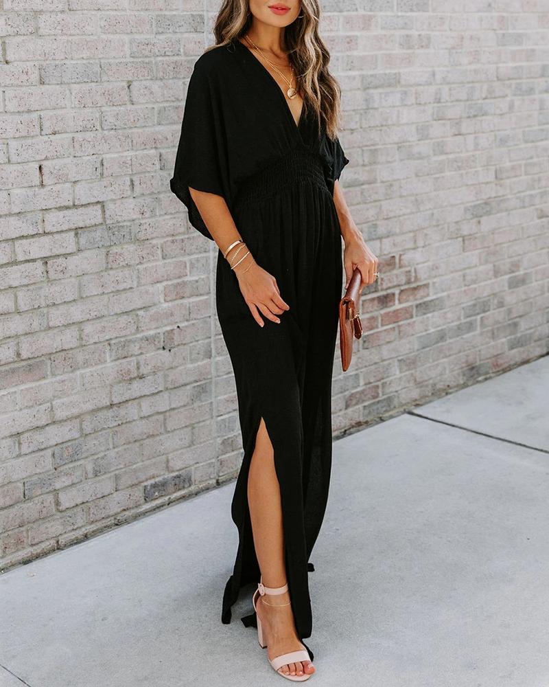 

Solid Cutout Backless Slit Ruched Maxi Dress, Black