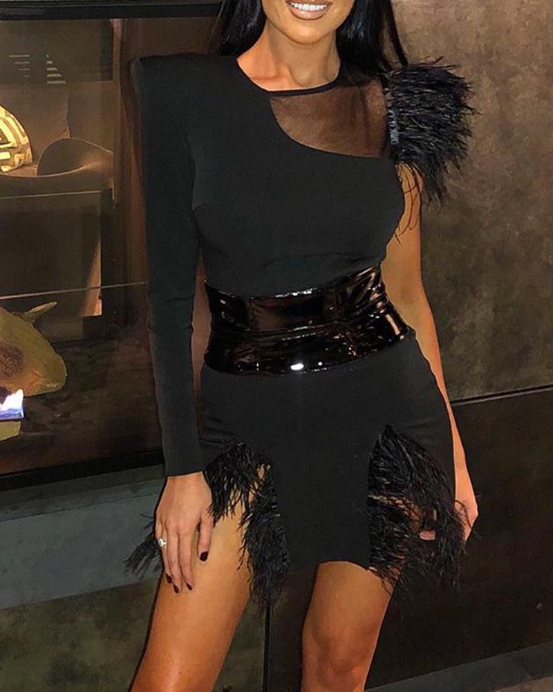 

One Shoulder Mesh Insert Dress, Black
