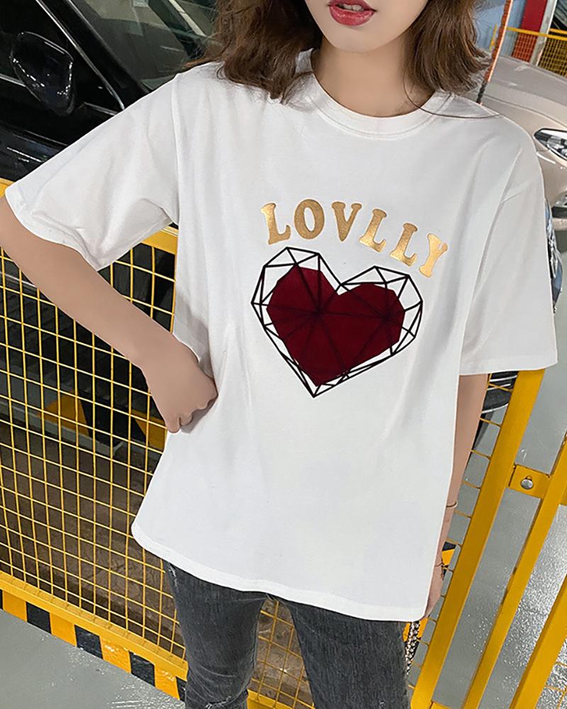 

Heart Letter Print Short Sleeve T-shirt, White