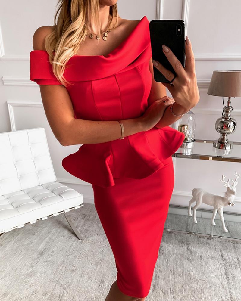 

Off Shoulder Fold-Over Peplum Bodycon Dress, Red