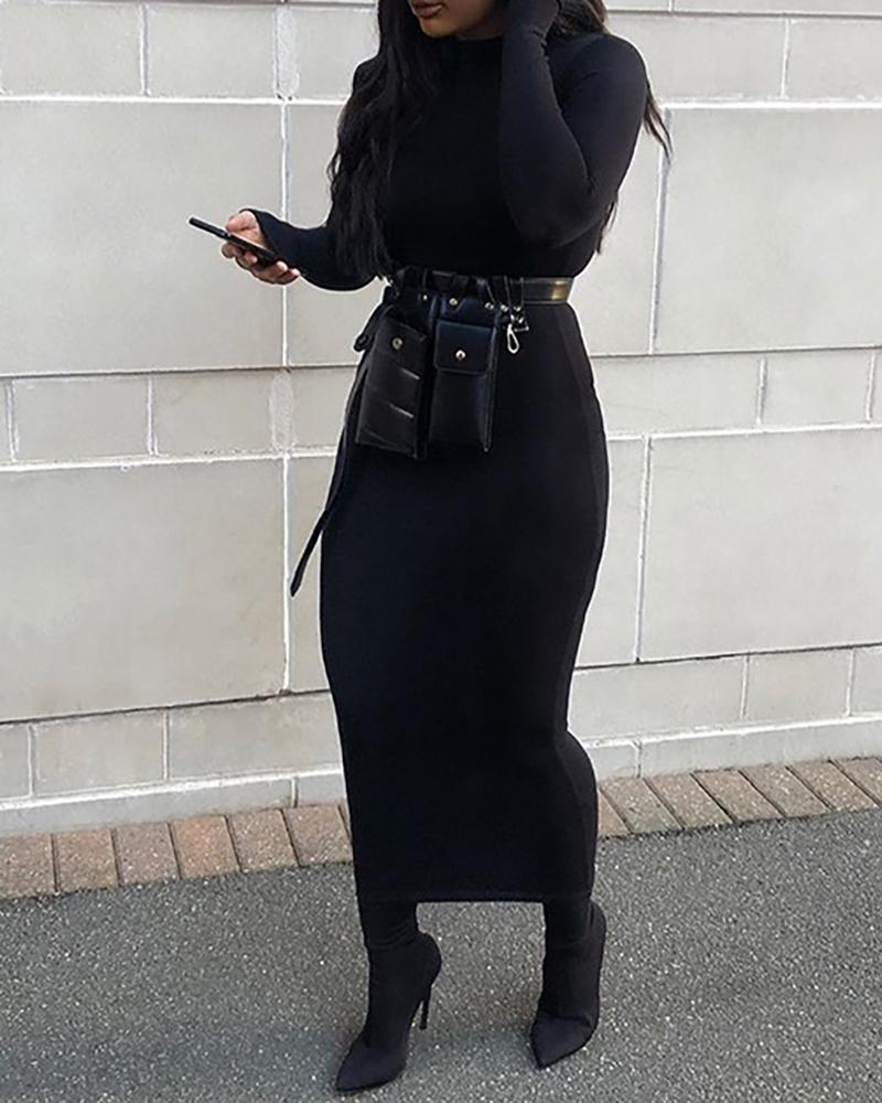 

Long Sleeve Plain Midi Dress, Black