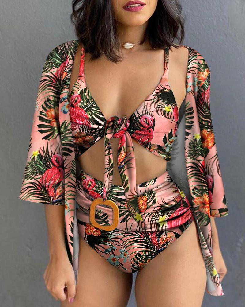 

Tropical Print Knotted Bikini With Cover Up, Multicolor