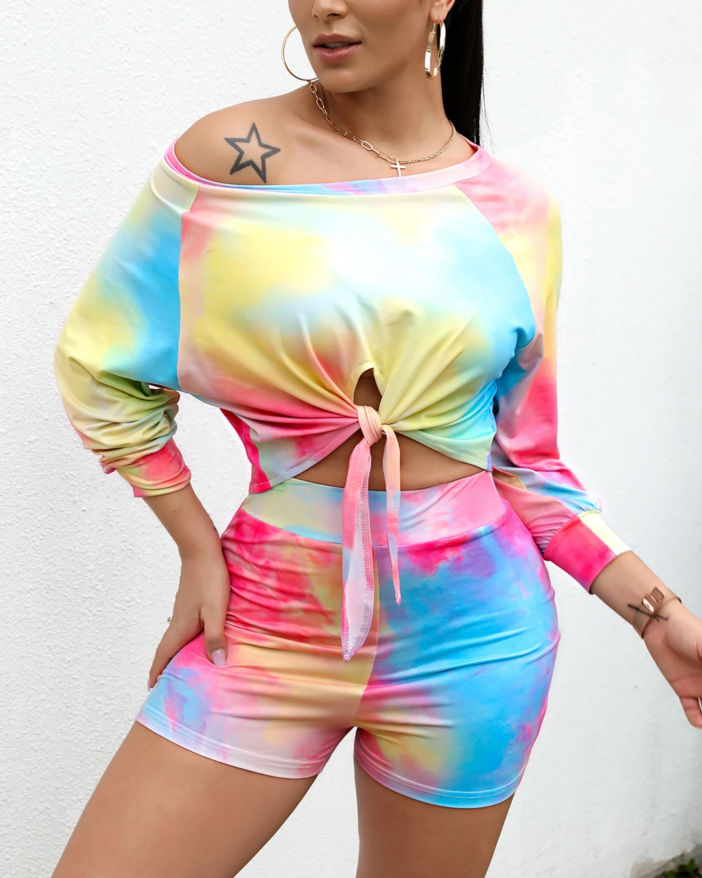

Tie Dye Print Knotted Detail Top & Short Set, Multicolor