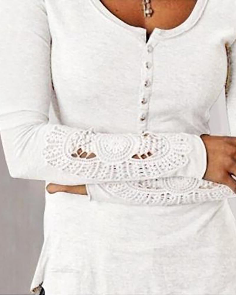 

Round Neck Lace Insert Buttoned Blouse, White