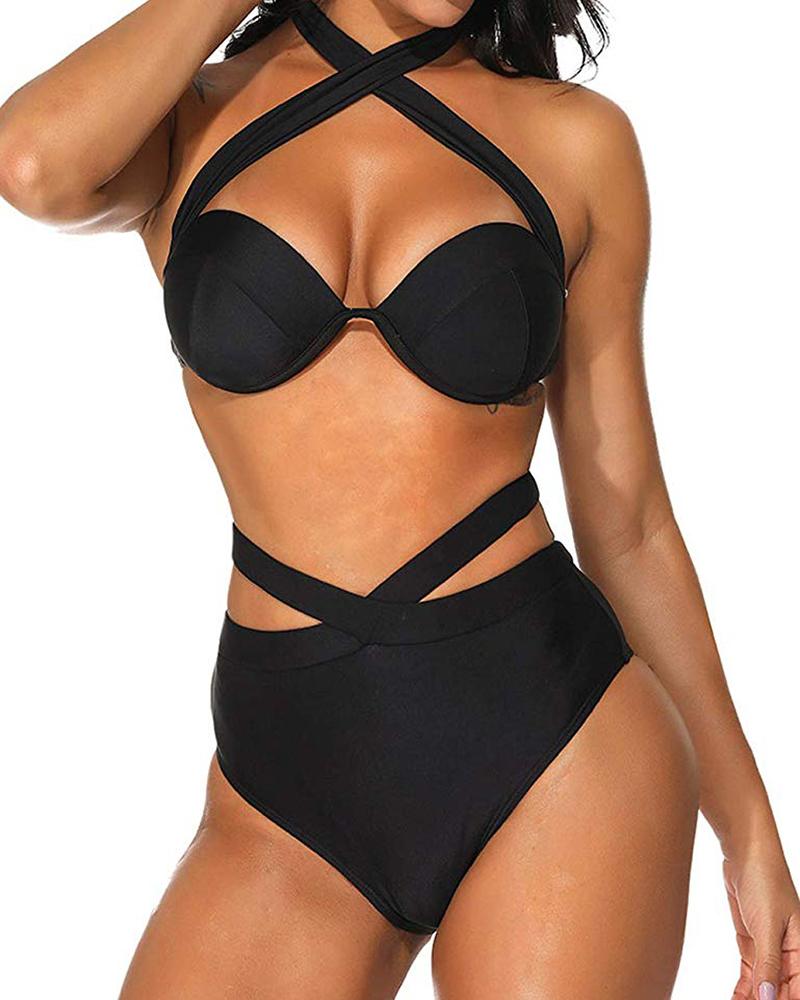 

Halter Crisscross Design Bikini Set, Black