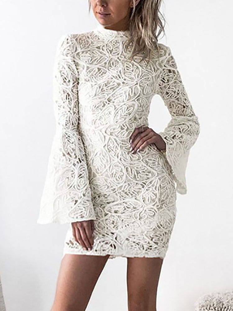 

Seductive Lace Crochet Flare Sleeve Bodycon Dress, White