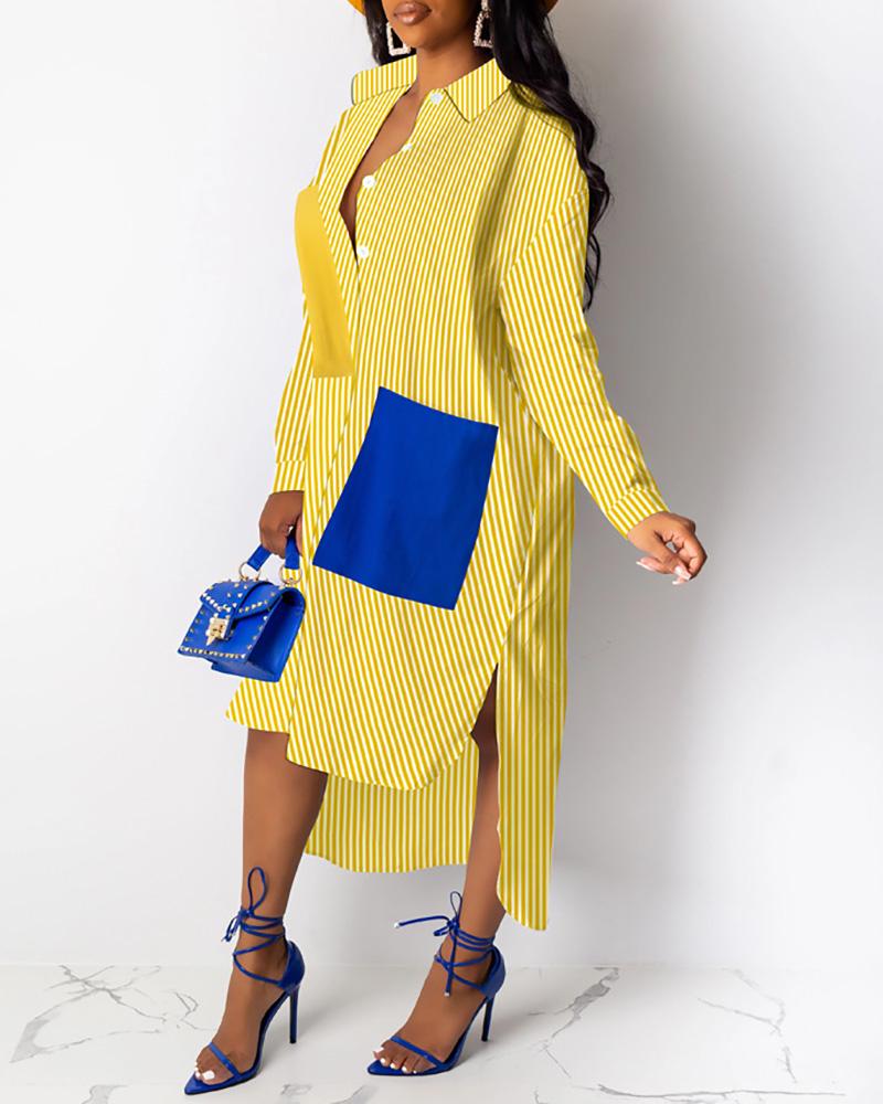 

Striped Patchwork Pocket Dip Hem Shirt Dress, Yellow