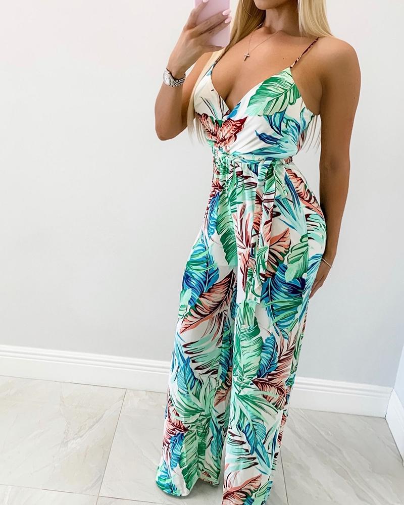 

Botanical Print Flare Leg Jumpsuit, Green
