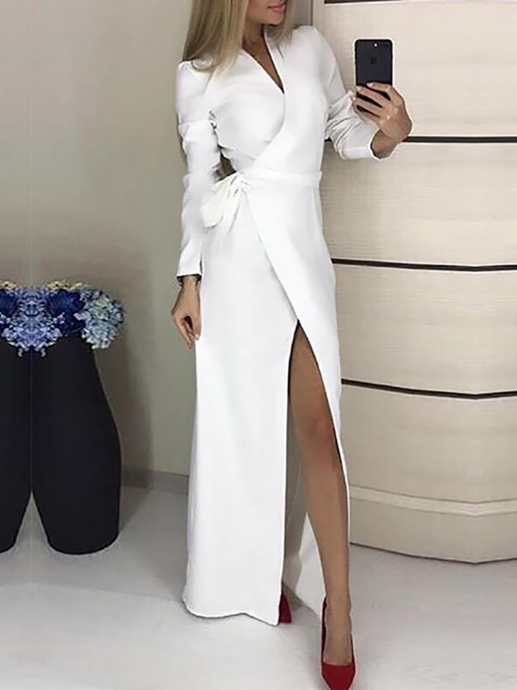 

Solid V-Neck Tied Waist Wrap Maxi Dress, White
